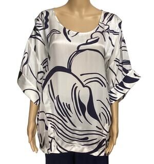 CHACOK France Silk Blouse Top Black White Abstract Wave Floral Kimono Oversized⁠